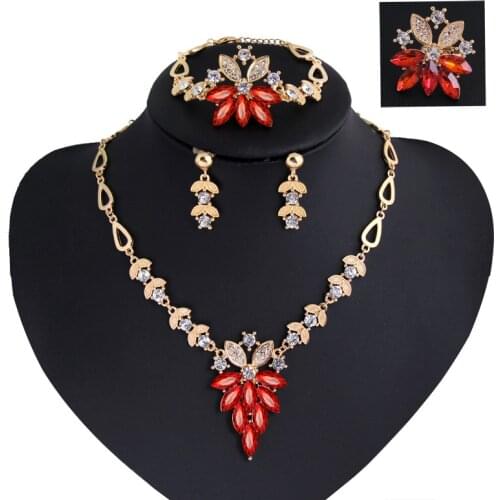 Vintage Female Green Crystal Jewelry Set Charm Gold Color Wedding Drop Earrings For Women Bridal Long Chain Necklace Rings