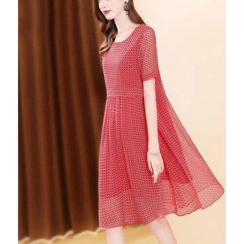 2021 New Fashion Elegant Womens Chiffon Print Dress Female Casual Style Summer O-Neck Artificial Silk Dresses