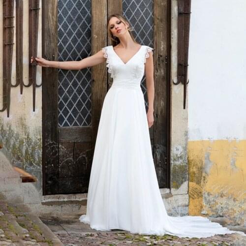 Special Design V Neck Hippie Beach Boho Wedding Dress Sleeveless A Line Chiffon Seaside 2021 Bridal Gowns Sweep Train