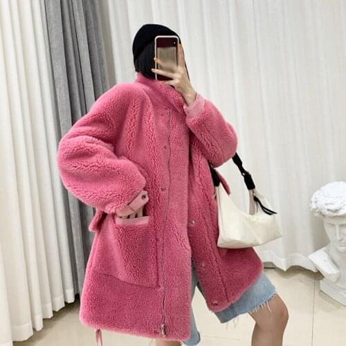 Winter thick warm faux lamb wool oversize shearling coats stand collar zipper loose plus size medium long faux fur outerwear 257
