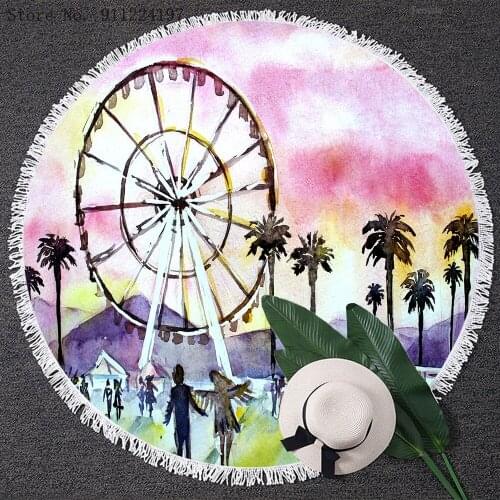 3D Ferris Wheel Print Round Beach Towels Summer Bath Shower Towel Microfiber Amusement Park Print Yoga Mat Blanket For Child