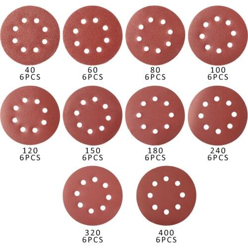 60Pcs 5 Inch 125mm Round Sandpaper with Eight Hole Abrasive Sanding Disc Pads 40-400 Grit for Polish Machine Tool