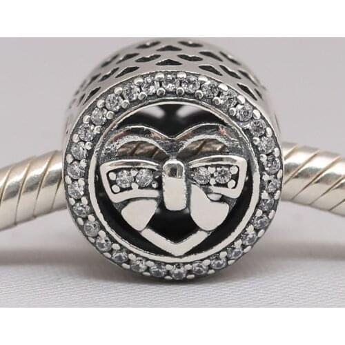 Authentic S925 Sterling Silver Bead DIY Jewelry Loving Ties Charm fit Pan Bracelet Bangle Clear CZ Girl Gift