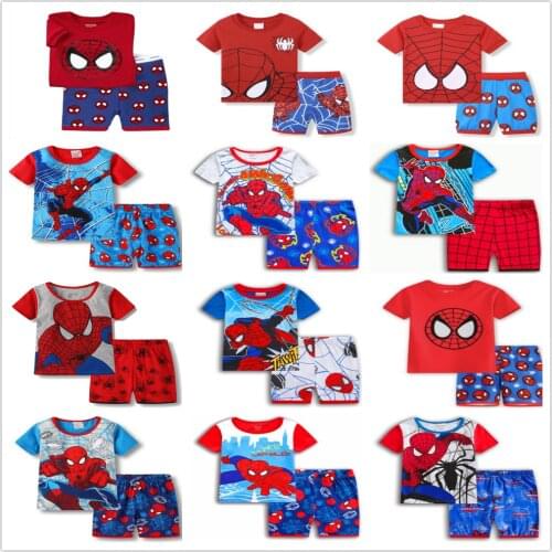 Free Shipping New Kids Boys And Girls Spider Clothes Baby Pajamas Summer Cotton Short Sleeve T-Shirt Pajamas Suit