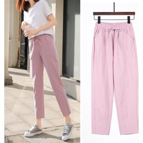 Casual Pants for Women Cotton Linen Solid Elastic waist Candy Colors Harem Trousers Soft high quality for Female ladys S-XXL