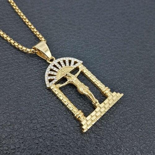 Gold Punk hip hop zircon Door type Christian Jesus Pendant Necklace For Women Men With 60cm chain Necklace Charm Jewelry