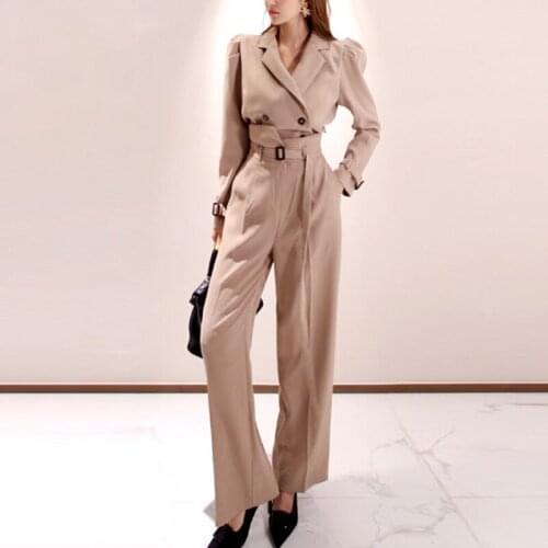Elegant 2 Pieces Set Full Sleeve Short Blzer & Long Belted Wide Leg Pants Chic Women Pant Suit 2021 Office Ladies Blazer Suits
