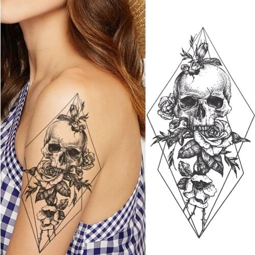 Geometric Death Skull Temporary Tattoos Sticker Waterproof Black Fake Flower Tattoos For Women Men Body Art Arm Tattoos Sticker