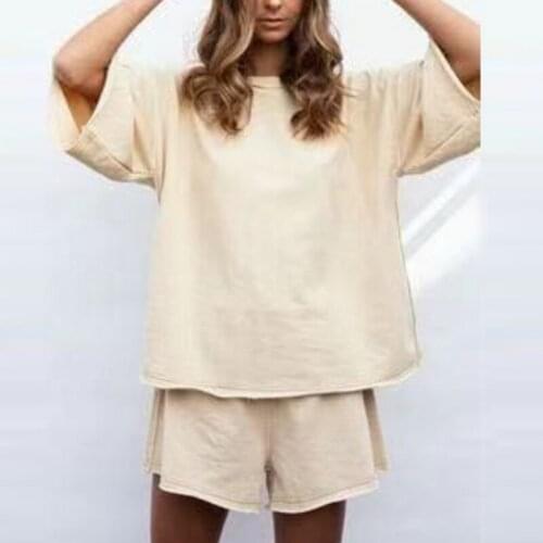 Round Neck Oversized T shirt Women Shorts Sets Drop-Shoulder 3/4 Sleeve Loose Top Shorts Tracksuit Suit Ladies Summer Sporty Set