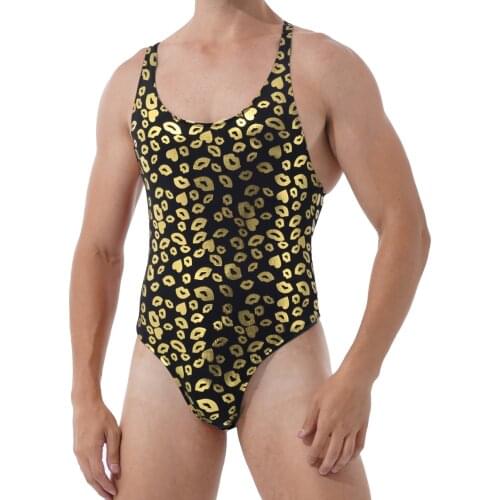 Mens Lingerie High Cut Bodysuit Lip/ Skull Print Sexy Teddies Fashion Round Neck Sleeveless Leatord One-piece Swimsuit Nightwear