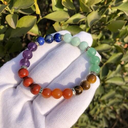 Natural Quartz 7 Chakras Charm Bracelet 925 Sterling SilverRound Beads Crystal Healing Stone Women Jewelry Gift