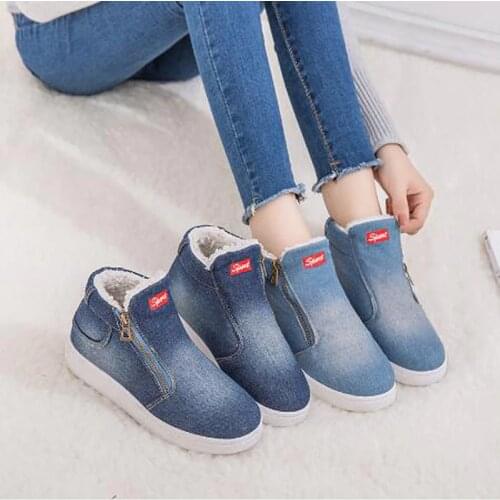 New Winter Shoes Women Denim Ankle Boots Classic Zipper Snow Boots Warm Plush Thickening Flat Boots for Zapatos De Mujer C001