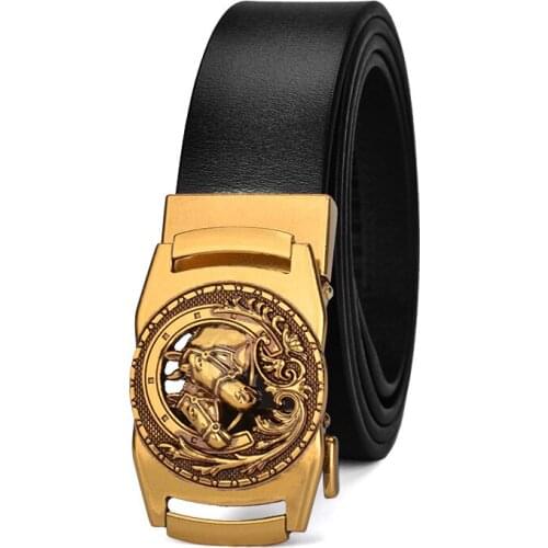 New Men Leather Automatic Buckle Belt Retro Wind Bronze Double Horse Head Buckle Mens Belt