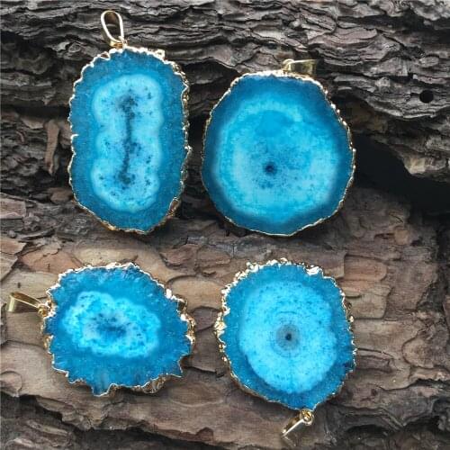 New Natural Stone Quartz Crystal Chrysanthemum Blue Agates Pendants for Diy Jewelry Necklace Making Accessories 3PCS Wholesale