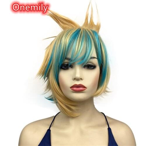 Onemily Short Straight Heat Resistant Synthetic Hair Wigs for Women Girls with Bangs Theme Party Out Fun Golden Green