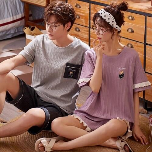 Plus Size Cartoon Man Sleepwear Pajamas Set For Couples Summer Elegant Purple Comfort Short Sleeve Cotton Women Kawaii Home Wear
