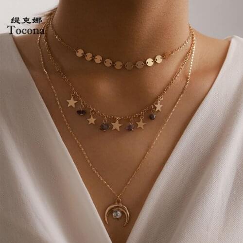 Tocona Bohemian Monn Pendant Necklace for Women Gold Color Star Wafer Tassel Multilayer Sweater Chain Party Jewelry 15527