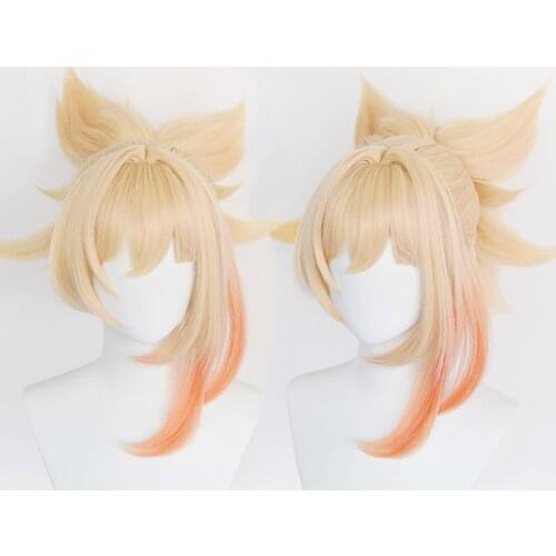Game Genshin Impact Yoimiya Cosplay Wig High Quality Blond Orange Heat Resistant Synthetic Hair Clip Ponytail Wigs + Wig Cap