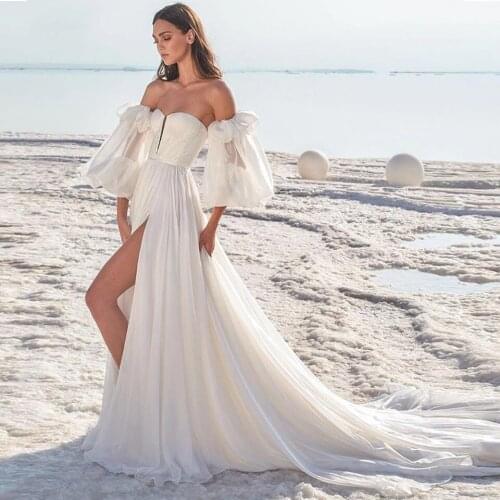 Puff Sleeve Beach Wedding Dresses 2021 A-Line Sexy Side Split Sweetheart Off Shoulder Chiffon Bridal Gown Sweep Train Backless