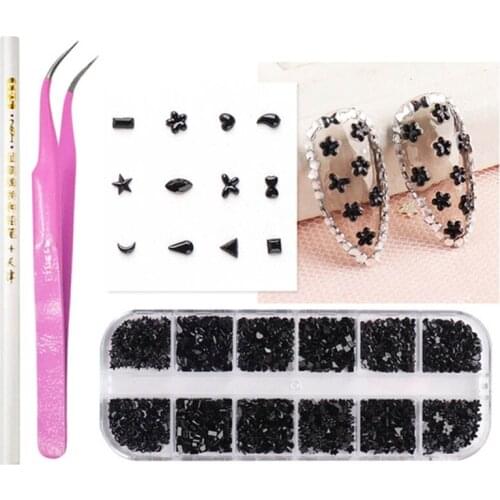 Q1QD 12 Grids Multi Size Shape Resin 3D DIY Nail Art Decor with Tweezer Dotting Pen