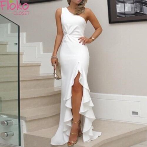 Flokocloset Sexy OneShoulder Split Ruffle Evening Maxi Dress Summer 2021 Elegant Diagonal Collar Party Birthday Long Dress