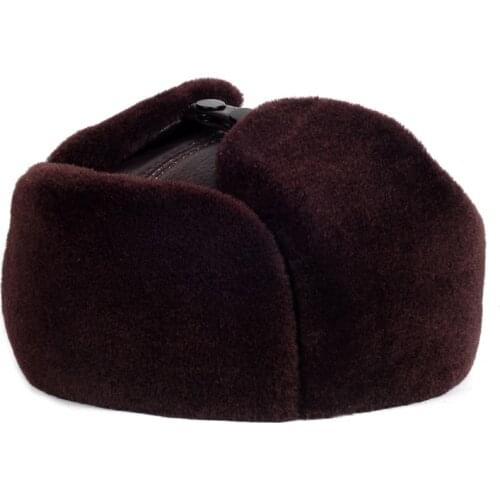 RY918 TOP 2020 Winter Genuine Leather Black Bomber Hat Male Fleece Faxu Fur Inside Head Warm Caps Motocycle Chapeau Russian Hat