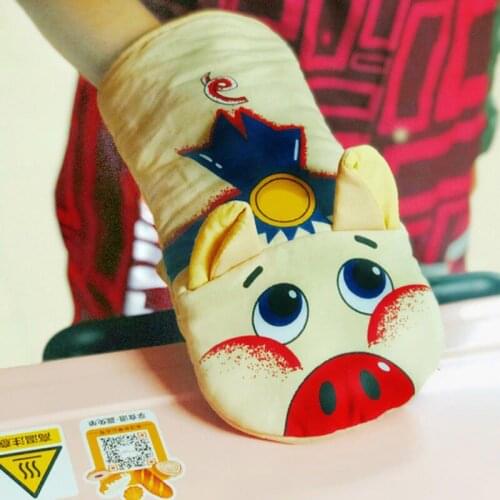 1 PC Cute Oven Mitts Non-slip Yellow Pig Printed Cotton Kitchen Cooking Microwave Gloves Baking BBQ Potholders Insulation Gloves