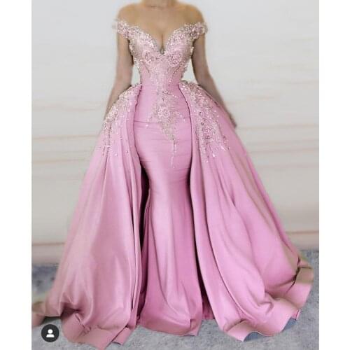SuperKimJo Off the Shoulder Pink Prom Dresses with Detachable Skirt Beaded Applique Luxury Elegant Prom Gown Vestidos De Fiesta