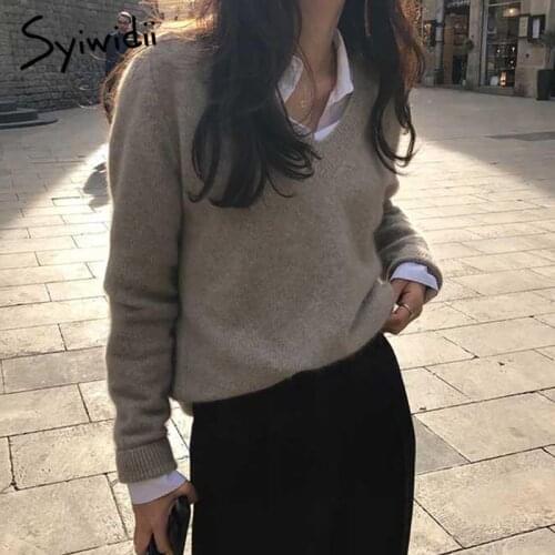 Syiwidii Woman Sweater Autumn Winter 2021 Fashion Pullovers Long Sleeve V Neck Black Gray Knitted Korean Top Casual Loose Jumper