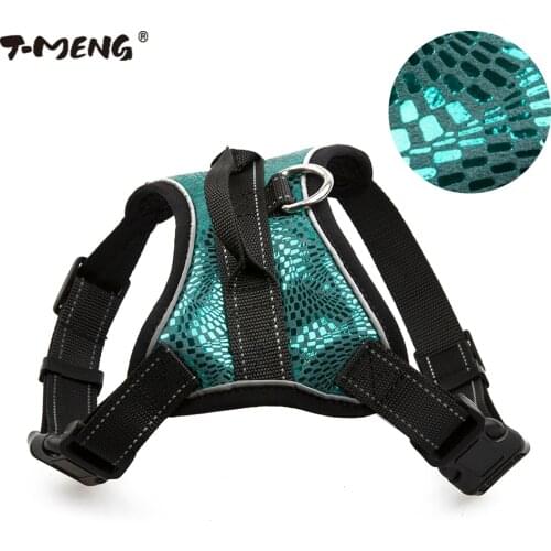 T-MENG Small Medium Dog Harness Vest Sparkling Genuine Leather Pet Harness Reflective Breathable Mesh Chest Straps Pet Products