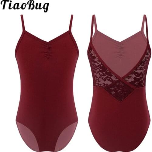TiaoBug Kids V Neck Lace Gymnastics Leotard Ballerina Bodysuit Girls Stage Performance Costume Professional Ballet Dance Wear