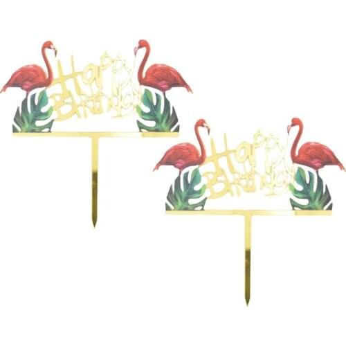 2pcs Baking Cake Topper Decoration Supplies Golden Shiny Flamingo Cake Toppers Acrylic Cake Picks for Birthday Party