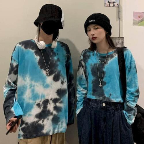Long-sleeved tops for men and women autumn Korean version ins Harajuku style couple trend new loose wild round neck tie-dye tide