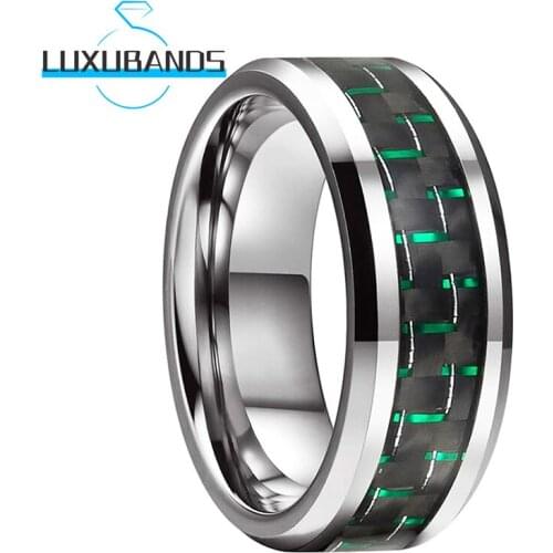 Tungsten Rings 8MM For Women Men Enagement Bands Beveled Edges Black&Green Carbon-Fiber Inlay Polished Finished Comfort Fit