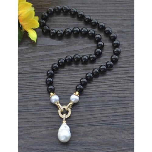 Z10772 18" 22mm White Drop Keshi Pearl Black Agate Necklace Pendant CZ