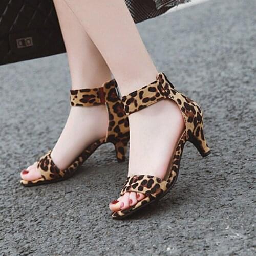 Women Leopard Print High Heel Sandals Ladies Stiletto Heels Ankle Strap Open Toe Summer Shoes Plus Size 32 33 42 43 44 45