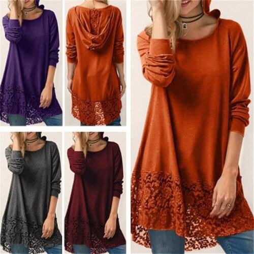 Womens Casual Long Sleeved T-shirts Solid Color Hoodies Long Sleeved T-shirt Autumn Lace Hooded Sweater Plus Size