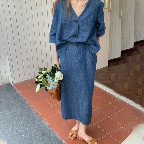 2021 New Women Summer Blue Denim Two Piece Set V Neck Single Breasted Shirt +high Waist Long Skirts