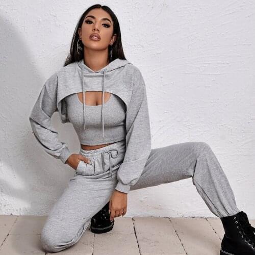 Womens Autumn Winter Solid Sport Suit Drawstring Hoodie Loose Folding Short Suspender Vest Sweatpants Three Piece Set