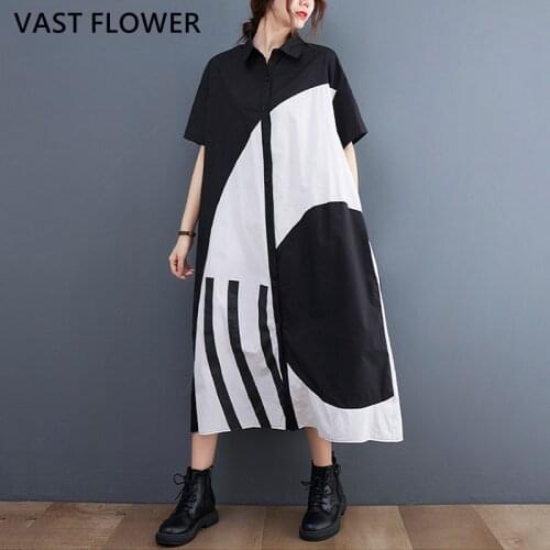Cotton Hit Color Vintage Print Dress Women New Loose Casual Short Sleeve Fashion Long Summer Shirt Dress Elegant Clothes 2021