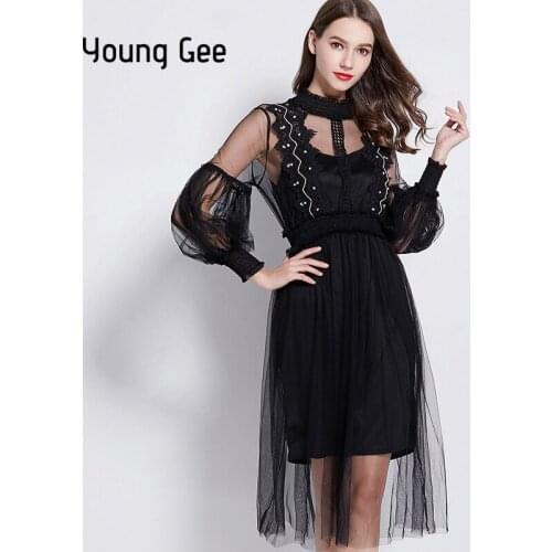Young Gee Spring Summer Runway Designer Womens Dresses Pink Sweet Crystal Floral Lace Stretchy Waist Lantern Sleeve Dress vestid