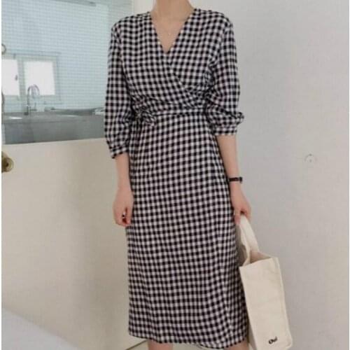 2021 Women Sexy V-Neck Plus Size Robe Femme Donna Summer Long Plaid Yellow Dress V-Neck Bodycon Bandage Wrap