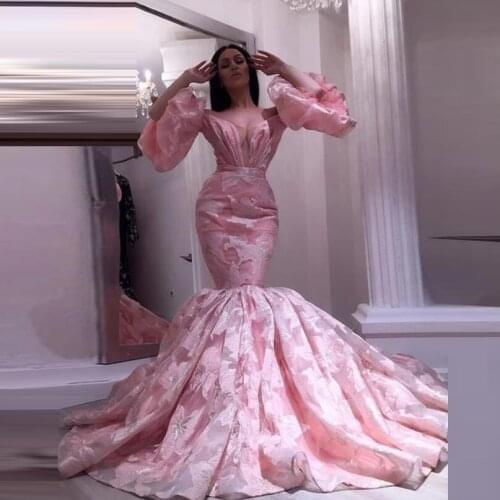 Robe de soiree longue Lace Evening Dress Long Flare Sleeve Custom Modest Evening Dresses Pleated Mermaid abendkleider