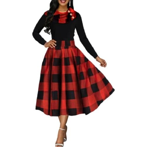 Women Vintage Ball Gown Dress Long Sleeve 2020 Autumn Plus Size Plaid Mid Long Dress 3XL 4XL 5XL Black Elegant Party Dresses