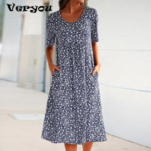 Vintage Print Dress Women Short Sleeve A-Line Party Dresses For Women Summer Dress Pocket O Neck Casual Beach Dress 2021