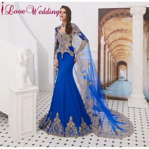 Square Collar Gold Lace Applique Musilim Formal Gowns Long Sleeves See Through Sheer Back Blue Luxury Evening Dresses Real Photo