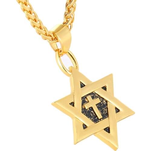 Star Of David Cross Pendant & Necklace Gold Color Women/Men Chain Israel Jewish Jewelry Star Hexagon Cross Religious Necklaces