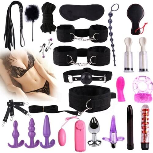 25pcs Set Slave Games G Spot Dildo Vibrator Anal Butt Plug Vibrating Penis Ring Handcuffs Whip Sex Lingeries Sex Toys