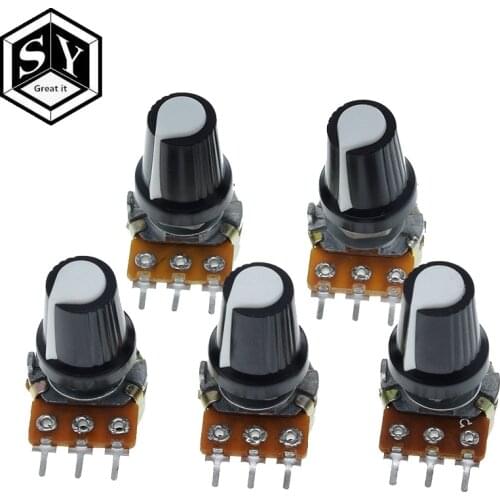5 Sets WH148 1K 10K 20K 50K 100K 500K Ohm 15mm 3 Pin Linear Taper Rotary Potentiometer Resistor for Arduino with AG2 White Cap