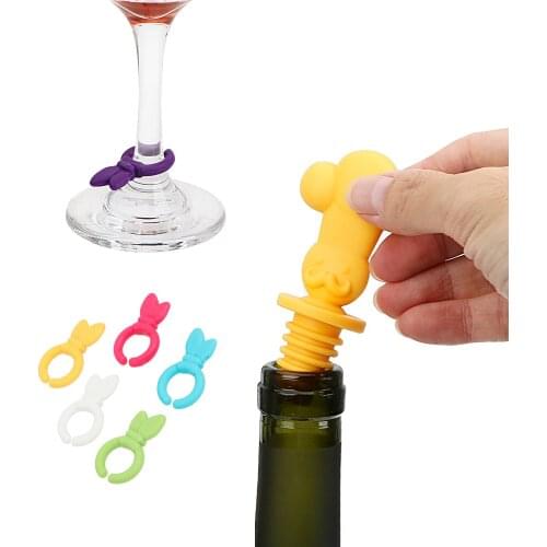 7 pcs/set Cute Wine Bottle Stopper Wine Cork Plug Rubber Wine Glass Label Drink Cup Mixproof Silicone Marker Bar Party Supplies